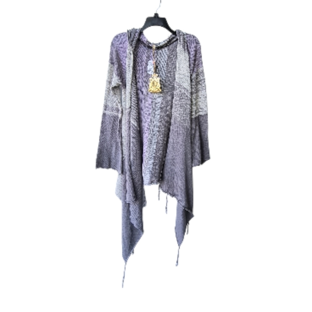 Elan Purple and Gray Women's Cozy Lightweight Hooded Fringed Cardigan OS NWT